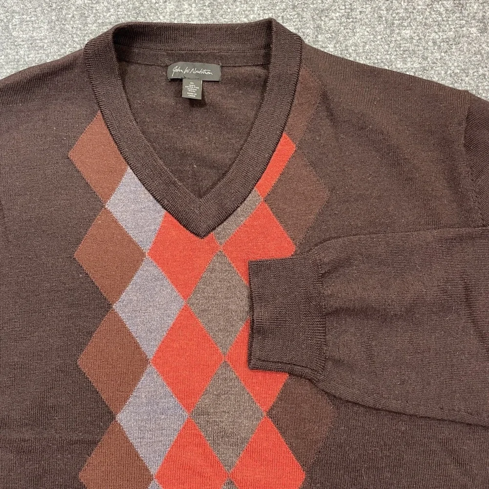 John W. Nordstrom Sweater Mens XL Brown Argyle Extra Fine Merino Wool V-Neck